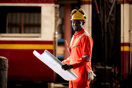 Portrait of railway technician worker in safety vest and helmet working with blueprint at train repair stationの写真素材