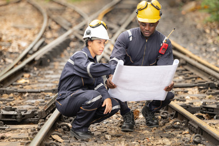 Railway technicians and engineers, Working on the train tracks at train stationの写真素材