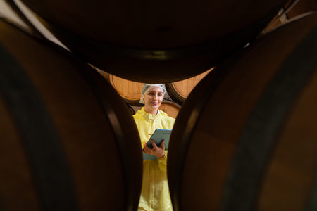 Smiling female winemaker in yellow uniform standing in cellar of winery