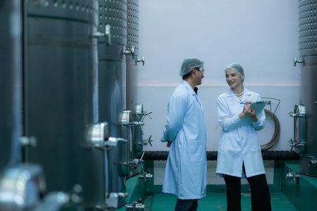 Mature female and male researchers and developers working in winery, Testing wine that has been...