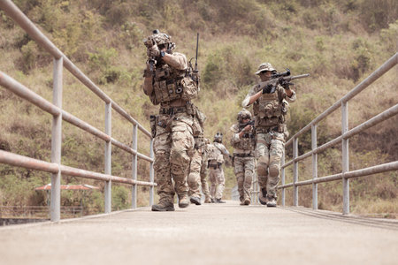 Soldiers in camouflage military uniforms carrying weapons, Reconnaissance missions in the tropical...
