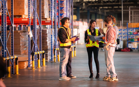A group of warehouse employees, Inspecting products on warehouse shelves before they are sent to retailerの写真素材