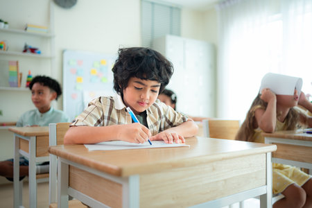 Students learn and study in a classroom of school where youngsters sit and listen attentively.の写真素材