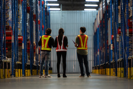 A group of warehouse employees, Inspecting products on warehouse shelves before they are sent to retailerの写真素材