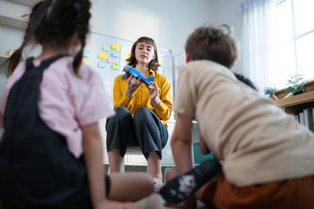 Teacher and students, Learn and study about airplanes in a classroom of school where youngsters sit...