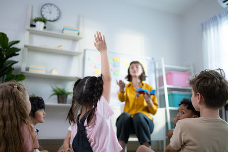 Teacher and students, Learn and study about airplanes in a classroom of school where youngsters sit and listen attentively.の写真素材