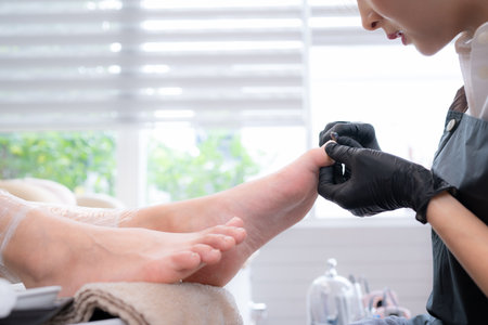 A nail technician is using tools to cut and polish foot of a customer.の写真素材
