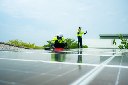 Engineer and technician inspects solar panel installation and test the operation of the panelの写真素材