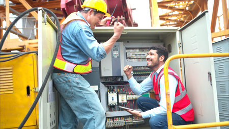 Bothe of electrical engineer inspects the electrical control board of a crane before putting it to...