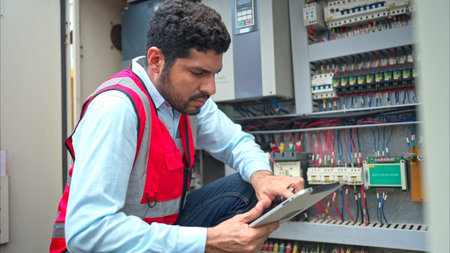 Electrical engineer inspects the electrical control board of a crane before putting it to use on a...