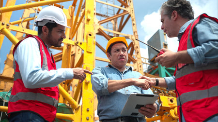 Foreman and worker on construction crane inspection is made to transport the crane from storage to...