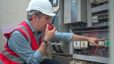 Electrical engineer inspects the electrical control board of a crane before putting it to use on a construction siteの写真素材