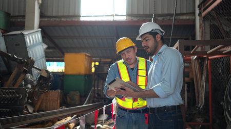 Foreman and worker on construction crane inspection is made to transport the crane from storage to...