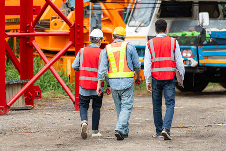 Foreman and worker on construction crane inspection is made to transport the crane from storage to be assembled on the building construction siteの写真素材