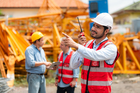 Portrait of crane worker on construction crane inspection is made to transport the crane from...