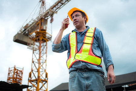 Portrait of crane worker uses walkie-talkie communicate with tower crane operators to lift and move...