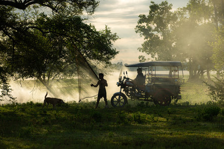 Local fisherman prepare a fishnet under the tree to capture fish in the lakeの写真素材