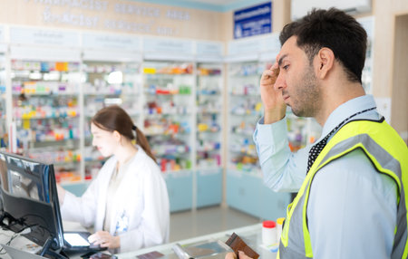 The pharmacist provides medicine to the engineers who come to buy medicine in the pharmacy.の写真素材