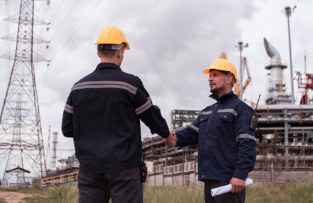 Both of Petroleum engineer is on a mission to inspect oil distillation at a huge oil refineryの写真素材