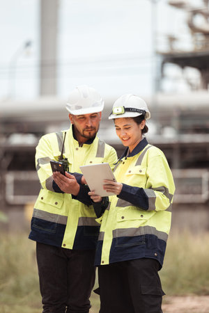 Both of Petroleum engineer is on a mission to inspect oil distillation at a huge oil refineryの写真素材