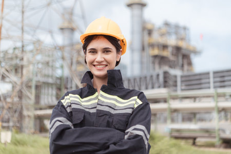 Petroleum engineer is on a mission to inspect oil distillation at a huge oil refineryの写真素材