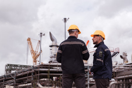 Both of Petroleum engineer is on a mission to inspect oil distillation at a huge oil refineryの写真素材
