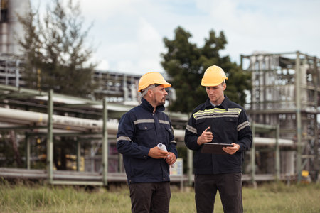 Both of Petroleum engineer is on a mission to inspect oil distillation at a huge oil refineryの写真素材