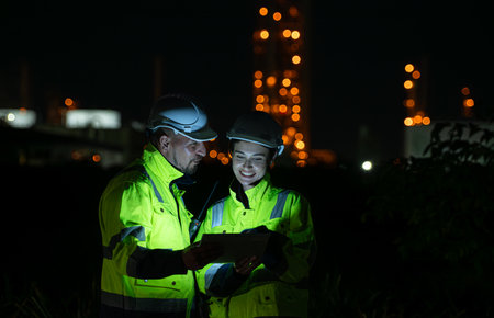 Both of Petroleum engineer is on a mission to inspect oil distillation at a huge oil refineryの写真素材
