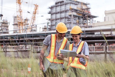 Both of Petroleum engineer is on a mission to inspect oil distillation at a huge oil refineryの写真素材