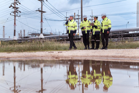 Group of Petroleum engineer is on a mission to inspect oil distillation at a huge oil refinery