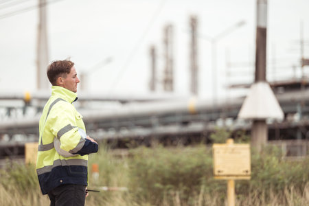 Petroleum engineer is on a mission to inspect oil distillation at a huge oil refineryの写真素材