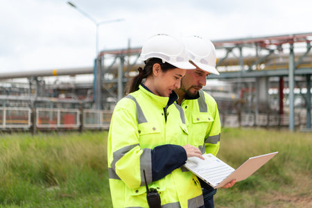 Both of Petroleum engineer is on a mission to inspect oil distillation at a huge oil refineryの写真素材
