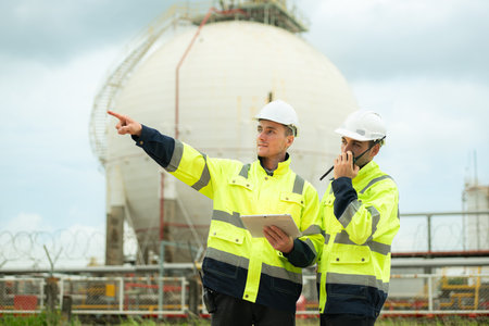 Both of Petroleum engineer is on a mission to inspect oil distillation at a huge oil refineryの写真素材