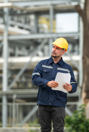 Petroleum engineer is on a mission to inspect oil distillation at a huge oil refineryの写真素材