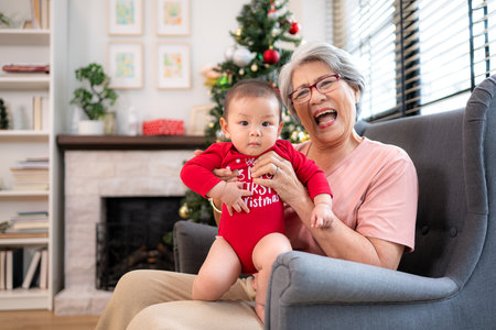 Grandma is sitting in an armchair, holding her infant grandson, playfully chatting with him in the living room, which is decorated for the upcoming Christmas celebrationの写真素材
