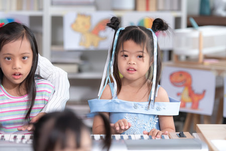 Portrait of special students doing learning activities in a special classroomの写真素材