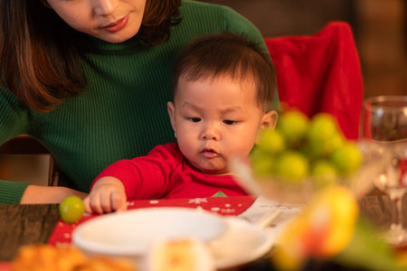 Mother and son lonely in Christmas nightの写真素材