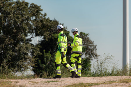 The engineering and technical team is preparing to install a large wind turbine to convert wind...