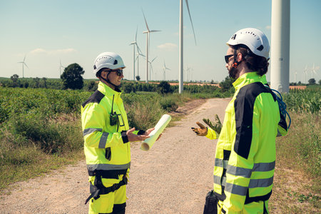 The engineering and technical team is preparing to install a large wind turbine to convert wind energy into electricityの写真素材