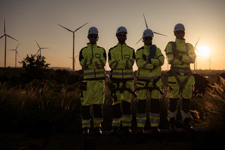The engineering and technical team is preparing to install a large wind turbine to convert wind energy into electricityの写真素材