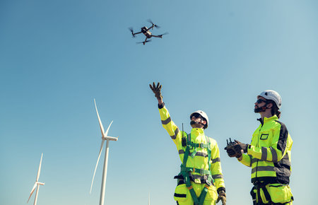The engineering team is surveying the area to install a large wind turbine for converting wind energy into electricityの写真素材