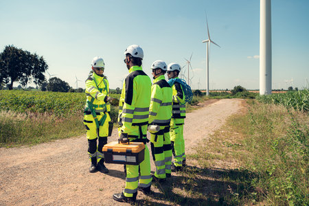 The engineering and technical team is preparing to install a large wind turbine to convert wind...