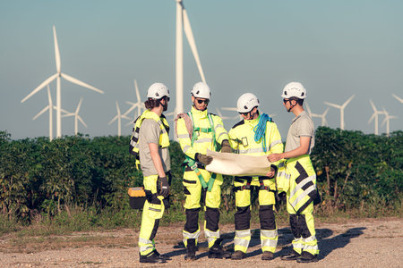 The engineering and technical team is preparing to install a large wind turbine to convert wind...