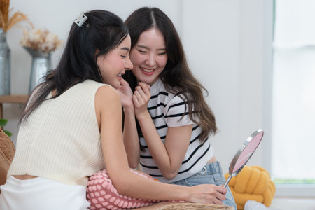 Asian young women conducting their weekly holiday routines from getting up, putting on cosmetics and relaxingの写真素材