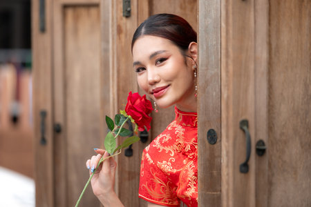 Young asian woman with chinese new yearの写真素材