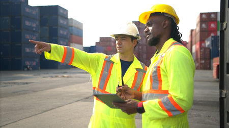 Engineers and technicians supervise and inspect the delivery of containers at container...