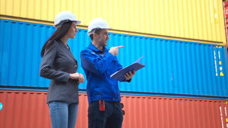 Container manufacturing manager and businesswomen survey the area to plan the storage and moving of...