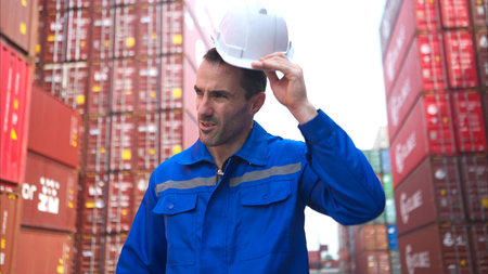 Container warehouse worker drinks water during break hours in the bright sunlight and hot weather of...