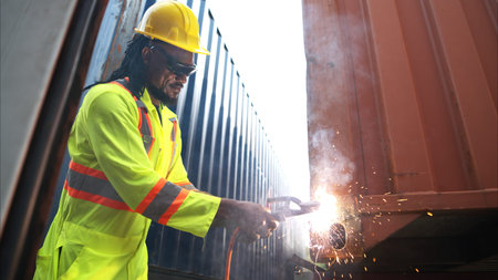 Technicians inspect container repairs by welding at container manufacturing and storage facility