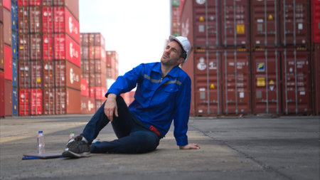 A worker in a container warehouse fainted while working in the bright sunlight and hot weather of a container storage yardの写真素材